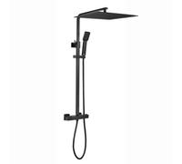 Enki Enzo Matt Black Contemporary Bathroom Brass Thermostatic 2-Outlet Shower Set W/ Fixed Head Handset & Riser Rail Kit 400mm