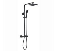 Enki Enzo Matt Black Contemporary Bathroom Brass Thermostatic 2-Outlet Shower Set W/ Fixed Head Handset & Riser Rail Kit 200mm