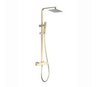 ENKI, ENZO, SH0622, Brushed Brass Shower Set Thermostatic 38 Degree Mixer Shower with 200mm Ultra Slim Overhead Rain Shower and Handheld Shower Square Shower Mixer Shower System, 1-Year Guarantee