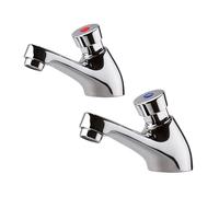 ENKI, Ergo, BT4006, Chrome, Self-Closing Delay Action Twin Bathroom Taps Time Adjustable, Solid Brass Non-Concussive Taps for Bathroom Sink, Push Button Basin Monobloc Pillar Taps, 1 Year Guarantee