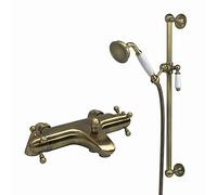 ENKI, Gallant, BBT0229, Antique Brass, Thermostatic Deck-Mount Bath Shower Mixer Valve with Shower Head, Hose & Rail, Solid Brass, Anti-Scald, Temperature Control, Traditional, 1-Year Guarantee