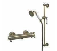 ENKI, Gallant, SH0591, Antique Brass, Thermostatic Shower Mixer Valve with Shower Head, Hose & Slider Rail, Solid Brass, Anti-Scald Device, Temperature Control, Traditional Design, 1-Year Guarantee