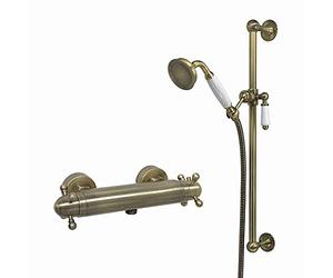 ENKI, Gallant, SH0591, Antique Brass, Thermostatic Shower Mixer Valve with Shower Head, Hose & Slider Rail, Solid Brass, Anti-Scald Device, Temperature Control, Traditional Design, 1-Year Guarantee