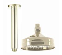 Enki Gold Traditional Bathroom Ceiling Mounted Swivel Ball Joint Connector Round Rainfall Fixed Shower Head Mixer & Arm 150mm