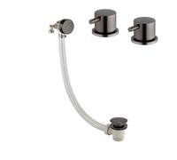 Enki Gunmetal Grey Modern Bathroom Waterfall Free Flow Round Click Clack Bath Filler Waste W/ Overflow & 2-Pack Deck Valve Taps