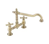 ENKI KT116 Langley Double Bowl Traditional Kitchen Tap, Antique Brass | Solid Brass, Compression Valves, Low Pressure Compatible, Swivel Spout, Easy Install, Swan Neck