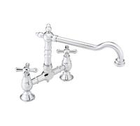 Enki Langley Chrome Silver Traditional Kitchen Solid Brass Crosshead Handles Swivel Spout Anti-Splash Easy Install Sink Mixer Tap