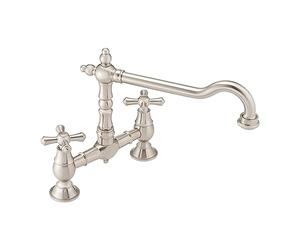 ENKI, Langley, KT115, Brushed Nickel, Traditional Bridge Kitchen Sink Mixer Tap for Basin, Brass Construction, with Twin Levers & Swivel Spout Perfect for Double Bowl Sinks, Drip Free Ceramic Valve