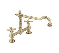 Enki, Langley, Kt116, Antique Brass, Traditional Bridge Kitchen Sink Mixer Tap For Basin, Brass Construction, With Twin Levers