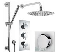 Enki Naples Chrome Bathroom Brass Wall Mounted Concealed Thermostatic Shower Mixer Valve W/ Fixed Head Waste & Slider Rail Kit
