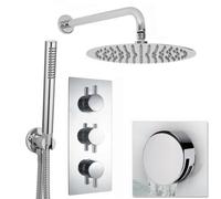 Enki Naples Chrome Bathroom Brass Wall Mounted Concealed Thermostatic Shower Mixer Valve W/ Fixed Head Waste & Slider Rail Kit