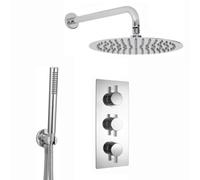 Enki Naples Chrome Contemporary Round Concealed Thermostatic Shower Set Triple Valve, Wall Fixed 8" Shower Head, Handshower Kit