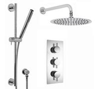Enki Naples Chrome Contemporary Round Concealed Thermostatic Shower Set Triple Valve, Wall Fixed 8" Shower Head, Slider Rail Kit