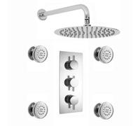 Enki Naples Chrome Modern Bathroom Brass Thermostatic Concealed Triple Valve 2-Outlet Shower Set W/ Fixed Head & 4 Spa Body Jets