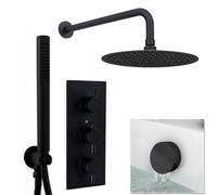 Enki Naples Matt Black Bathroom Brass Wall Mounted Concealed Thermostatic Shower Mixer Valve W/ Fixed Head Waste Trap & Handset