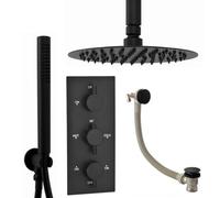 Enki Naples Matt Black Bathroom Brass Wall Mounted Concealed Thermostatic Shower Mixer Valve W/ Fixed Head & Slider Rail Kit