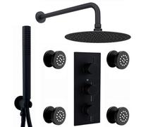 Enki Naples Matt Black Modern Bathroom Brass Wall Mounted Concealed Thermostatic Shower Mixer Valve W/ Fixed Head & Handset Sh0169