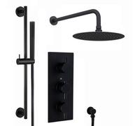 Enki Naples Round Concealed Thermostatic Shower Set Incl. Triple Valve, Wall Fixed 8" Shower Head, Slider Rail Kit In Matte Black