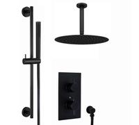 Enki Naples Round Concealed Thermostatic Shower Set Incl. Twin Valve, Ceiling Fixed 8" Shower Head, Slider Rail Kit In Matte Black
