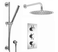 ENKI, Naples, SH0095, Contemporary Cross Concealed Thermostatic Shower Set Incl. Triple Valve, Wall Fixed 8" Shower Head, Slider Rail Kit - Chrome (2 Outlet)