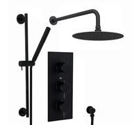 ENKI, Naples, SH0313, Contemporary Round Concealed Thermostatic Shower Set Incl. Triple Valve, Wall Fixed 8" Shower Head, Slider Rail Kit - Matte Black (2 Outlet)