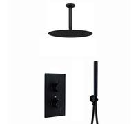 ENKI, Naples, SH0347, Contemporary Round Concealed Thermostatic Shower Set Incl. Twin Valve, Ceiling Fixed 8" Shower Head, Handshower Kit - Matte Black (2 Outlet)