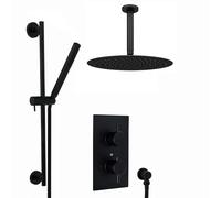 ENKI, Naples, SH0369, Contemporary Round Concealed Thermostatic Shower Set Incl. Twin Valve, Ceiling Fixed 8" Shower Head, Slider Rail Kit - Matte Black (2 Outlet)