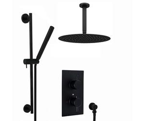 ENKI, Naples, SH0369, Contemporary Round Concealed Thermostatic Shower Set Incl. Twin Valve, Ceiling Fixed 8" Shower Head, Slider Rail Kit - Matte Black (2 Outlet)