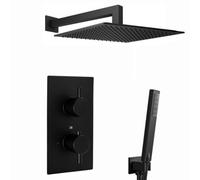 Enki Naples Square Concealed Thermostatic Shower Set Incl. Twin Valve, Wall Fixed 8" Shower Head, Handset Kit In Matte Black