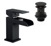 ENKI, Plaza, BBT0135, Matte Black Basin Mixer Tap, Square Waterfall Open Spout Design, with Slotted Pop Up Waste