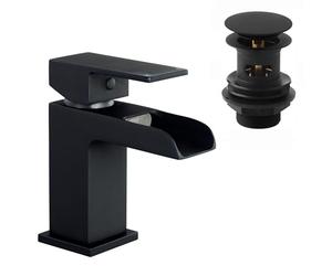 ENKI, Plaza, BBT0135, Matte Black Basin Mixer Tap, Square Waterfall Open Spout Design, with Slotted Pop Up Waste