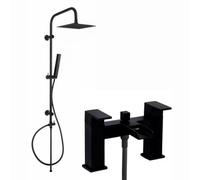 Enki, Plaza, Bbt0160, Matt Black Square Waterfall Bath Shower Mixer Tap With Rigid Riser Shower Rail Kit