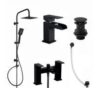 ENKI, Plaza, BBT0259, Matte Black Tap Bundle incl. Bath Shower Mixer Tap with Dual Riser Rail, Basin Mixer, Bath and Basin Wastes