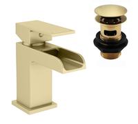 ENKI, Plaza, BBT0266, Brushed Brass Basin Mixer Tap, Square Waterfall Open Spout Design, with Slotted Pop Up Waste