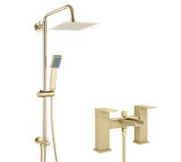 ENKI, Plaza, BBT0267, Brushed Brass Square Waterfall Bath Shower Mixer Tap with Rigid Riser Shower Rail Kit, Square Ultra Slim Shower Head
