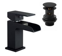 Enki Plaza Matt Black Modern Contemporary Bathroom Brass Slotted Swivel Lever Handle Hot & Cold Square Basin Mixer Tap & Waste