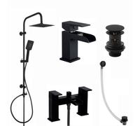 Enki Plaza Matte Black Bathroom Bundle Bath Shower Mixer Tap With Dual Riser Rail, Basin Mixer, Bath & Basin Wastes Bbt0259