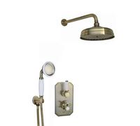 Enki Regent Antique Brass Classic Bathroom Wall Mounted Thermostatic Concealed Shower Mixer Valve Set W/ Fixed Head & Handset