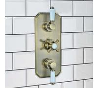 Enki Regent Antique Brass Modern Bathroom Concealed Thermostatic Wall Mounted Crosshead 2-Outlet Triple Valve Shower Mixer Unit