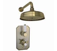 Enki Regent Antique Brass Traditional Bathroom Ceiling Mounted Thermostatic Concealed Shower Mixer Valve Set W/ Round Fixed Head