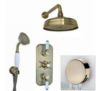 Enki Regent Antique Brass Traditional Lever Concealed Thermostatic Shower Set Triple Diverter Valve 8" Shower Head Handshower Kit
