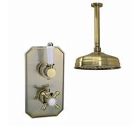 Enki Regent Antique Brass White Classic Bathroom Ceiling Mounted Thermostatic Concealed Shower Mixer Valve Set & Round Fixed Head