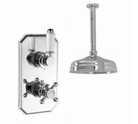 Enki Regent Chrome White Classic Bathroom Brass Ceiling Mounted Thermostatic Concealed Shower Mixer Valve Set & Round Fixed Head