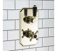 Enki Regent English Gold Black Bathroom Brass Ceramic Concealed Thermostatic Wall Mounted Single Outlet Twin Valve Shower Mixer