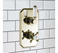 Enki Regent English Gold White Bathroom Brass Ceramic Concealed Thermostatic Wall Mounted Single Outlet Twin Valve Shower Mixer