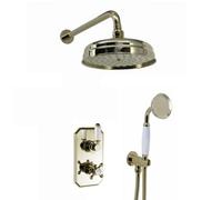 Enki Regent Gold Traditional Crosshead & White Lever Concealed Thermostatic Shower Set Twin Valve 8" Shower Head Handshower Kit