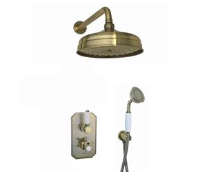 ENKI, Regent, SH0081 Regent Traditional Crosshead and White Lever Concealed Thermostatic Shower Set incl. Twin Valve, Wall Fixed 8" Shower Head, Handshower Kit, Antique Brass (2 Outlet)