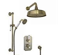 ENKI, Regent, SH0207 Traditional Crosshead and White Lever Concealed Thermostatic Shower Set incl. Twin Valve, Wall Fixed 8" Shower Head, Slider Rail Kit, Antique Brass (2 Outlet)