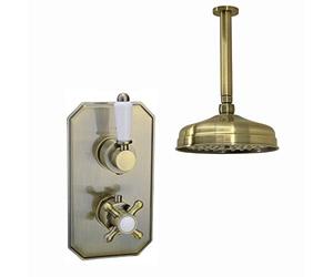 ENKI, Regent, SH0255 Traditional Crosshead and White Lever Concealed Thermostatic Shower Set Ceiling Fixed 8" Shower Head, Antique Brass (1 Outlet)
