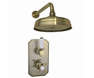 ENKI, Regent, SH0272 Traditional Crosshead and White Lever Concealed Thermostatic Shower Set Wall Fixed 8" Shower Head, Antique Brass (1 Outlet)